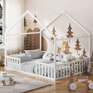 Oikiture Double House Bed Kids Wooden Bed Frame White