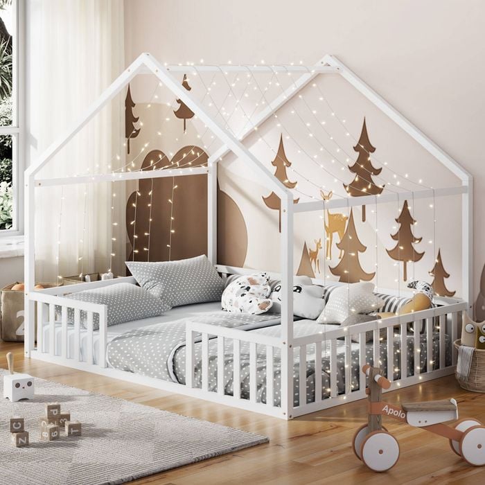 Oikiture Double House Bed Kids Wooden Bed Frame White