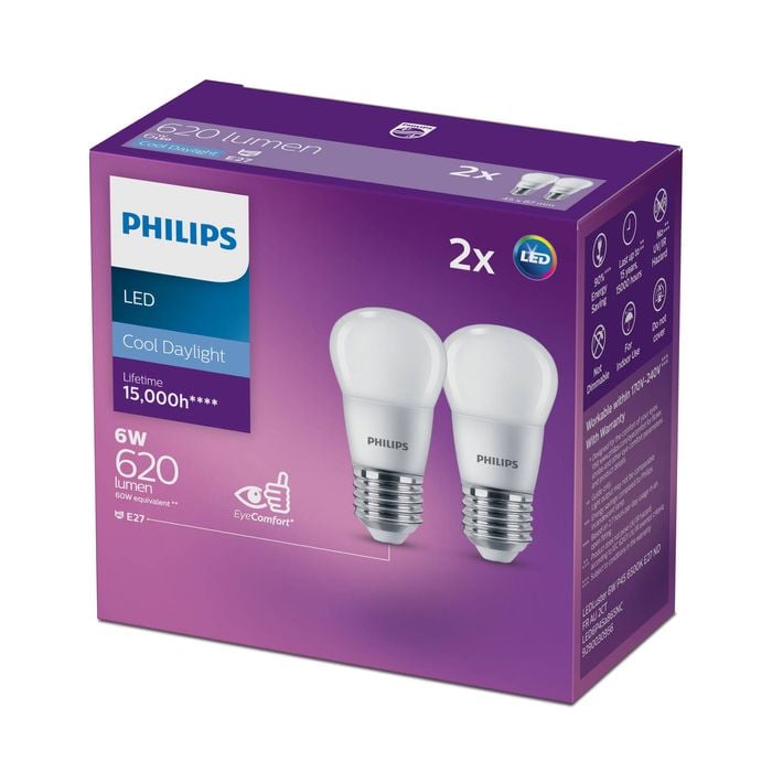 Philips B35 E27 LED 620lm Cool Daylight 6W Fancy Round - 2 Pack