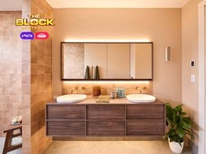 Natural coloured brown bathroom with timber vanity, 2 white round basins and shower