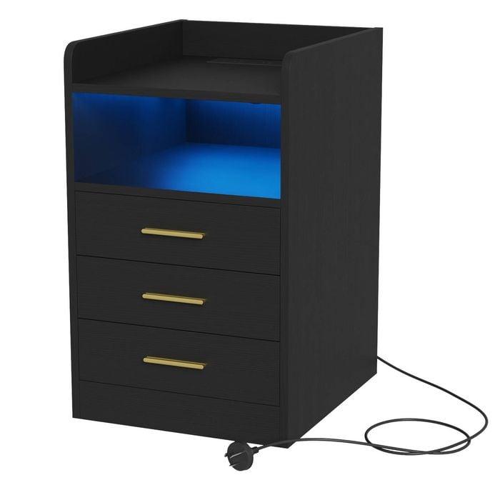 Advwin Bedside Table RGB LED Nightstand Charging Station 3 Drawers Cabinet Black