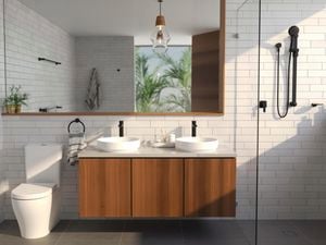 Bathroom With Black matte bathroom fittings, White basins and a timber floating vanity