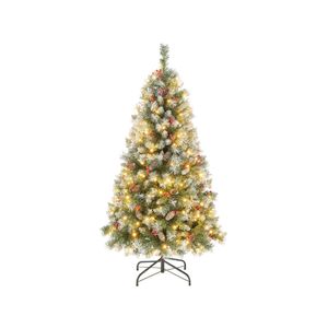 Costway 1.5M Hinged Christmas Tree 200 LEDs Xmas Decoration Tree w/126 Red Berries