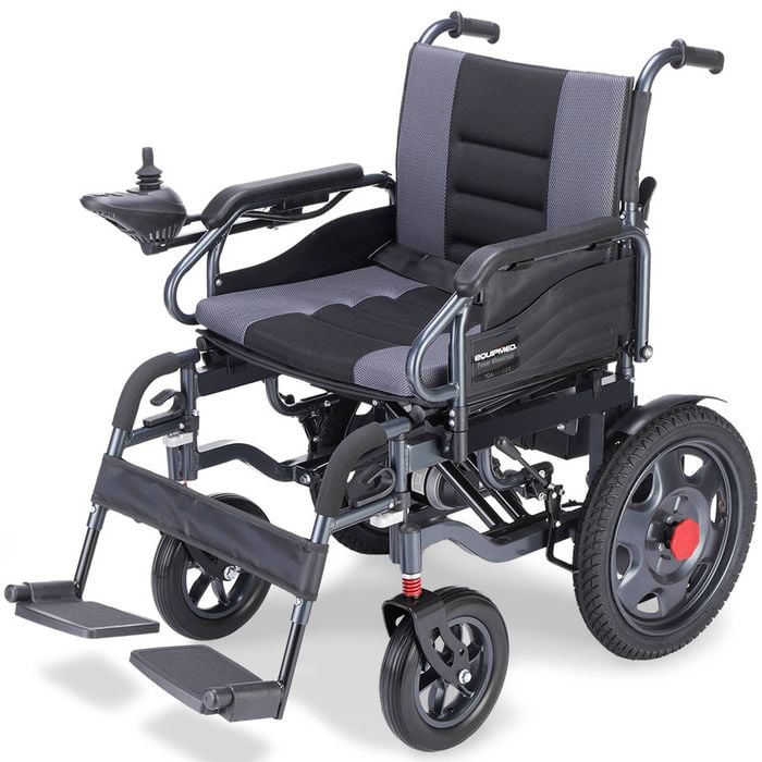 EQUIPMED Electric Folding Wheelchair, Wide Bariatric Chair Seat, Comfortable for S-XL, Long Range, Black/Grey