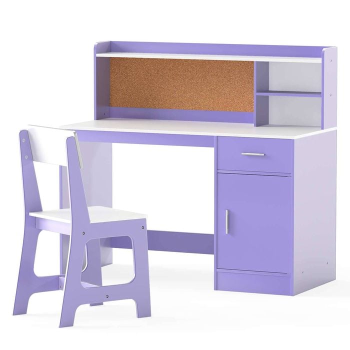 Costway Wooden Study Desk & Chair Set W/shelves Drawer Cabinet Purple
