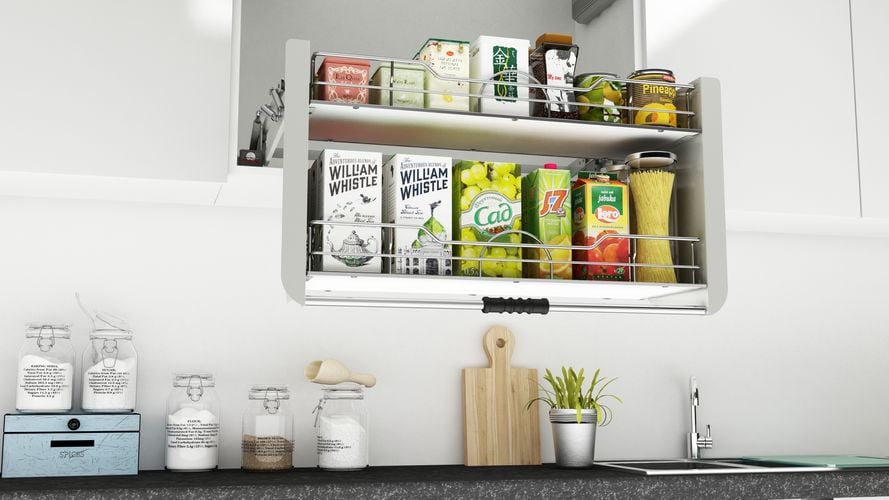 Overhead kitchen cupboard with drop down shelf for pantry items