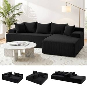 Homfurn Modular L-shape Sofa Bed – 2 Separate Chaises, Corduroy, High-density Foam, 500kg Capacity, No Assembly, Black