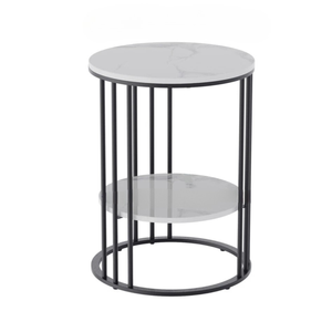 P&P Black Round End Table With Double Marble Shelves And Metal Frame