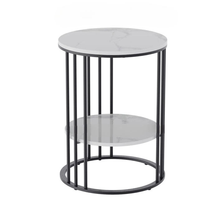P&P Black Round End Table With Double Marble Shelves And Metal Frame
