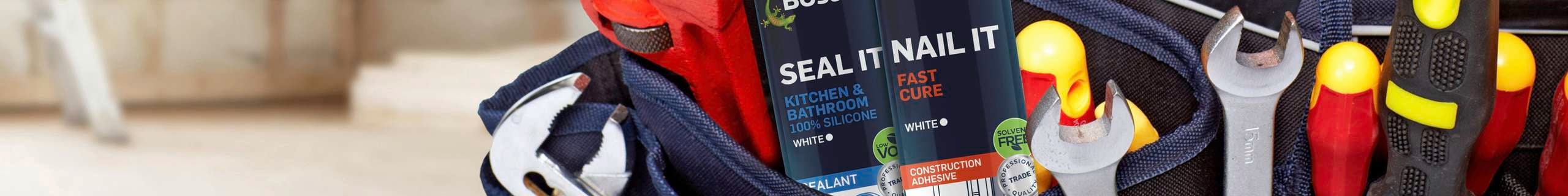 Man with Bostik products in tool pouch