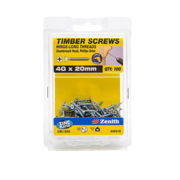Zenith 4G x 20mm Zinc Plated Hinge-Long Thread Countersunk Head Timber Screws - 100 Pack