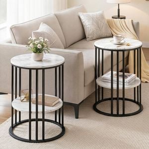 Homfurn Set Of 2 Side Table – 2-tier Round Marble Effect, White & Black, 5kg Per Shelf, Compact Design