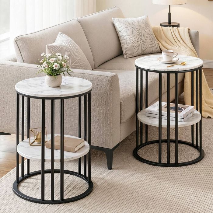 Homfurn Set Of 2 Side Table – 2-tier Round Marble Effect, White & Black, 5kg Per Shelf, Compact Design