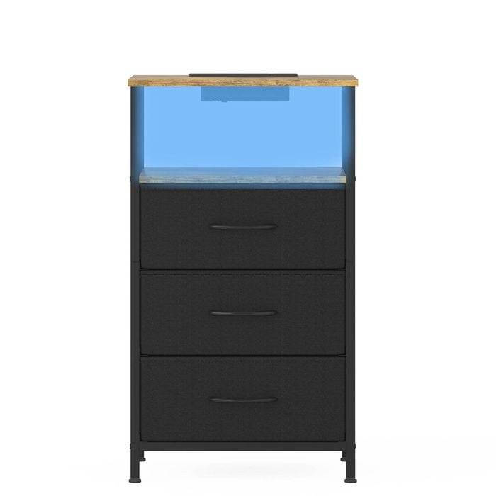 Ufurniture Nightstand with LED Light and Charging Station Industrial End Table 3 Fabric Drawers and Open Shelf Brown