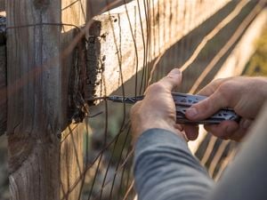 Person using a Gerber Dual-Force  tool to fix a wire fence