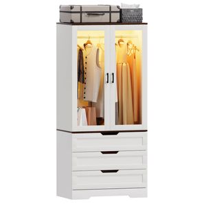 Advwin Glass Doors LED Wardrobe Cabinet with Drawers & Hanging Rail White