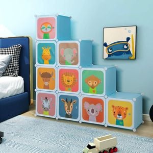 Costway 12-cube Wardrobe Kids Diy Armoire Clothes Closet 2 Hanging Rods Blue