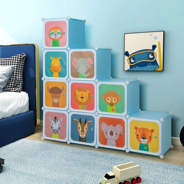 Costway 12-cube Wardrobe Kids Diy Armoire Clothes Closet 2 Hanging Rods Blue