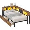 Advwin King Single Corner Bed Frame With Bookcase Led Lights Charging Station L- Shaped Brown