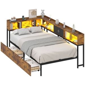 Advwin King Single Corner Bed Frame With Bookcase Led Lights Charging Station L- Shaped Brown
