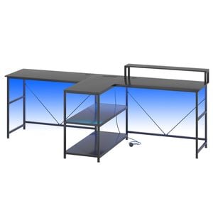 Advwin 236cm 2 Person LED Computer Desks w/ Power Outlets Extra Long Carbon Fiber Gaming Desk Black