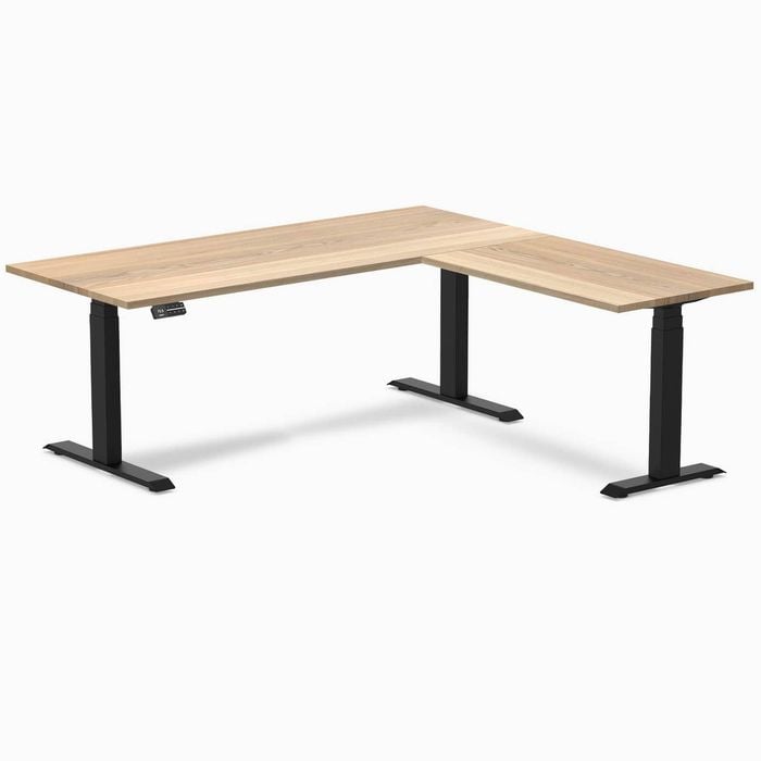 Desky L-shape Sit To Stand White Ash Hardwood Desk 1800x1750mm Matte Black Height Adjustable Leg
