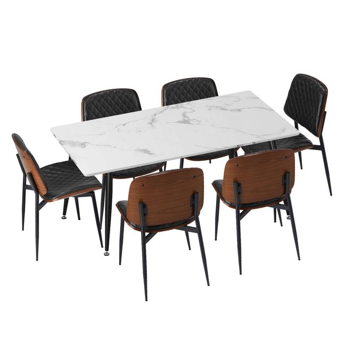 Oikiture 7PCS  Dining Set 120cm Rectangle Dining Table with Dining Chairs PU Black