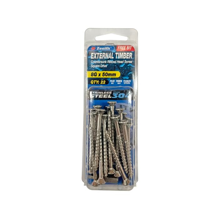 Zenith 8G x 50mm Stainless Steel 304 Square Drive External Timber Screw - 22 Pack