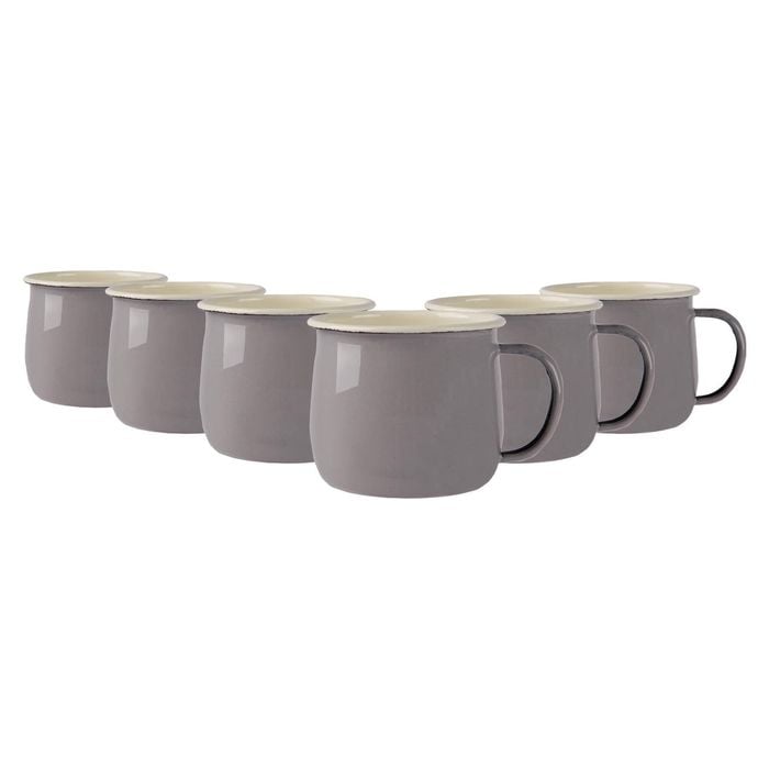 Argon Tableware 375ml Enamel Belly Mugs - Grey/cream - Set Of 6 Metal Drinking Cups Coffee Teacup Mug Set Hot, Cold Drinks Cups