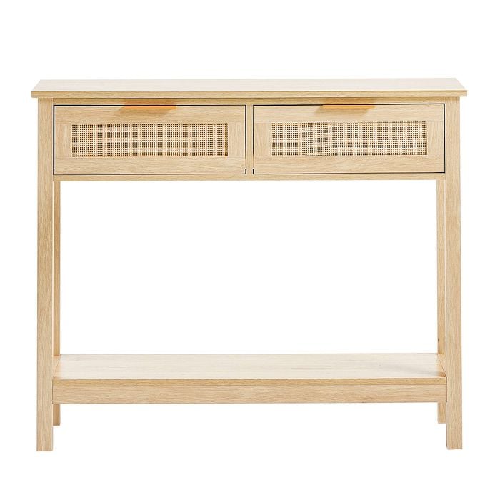 VEVOR Rattan Console Table Natural Color with 2 Storage Drawers Sliding Door for Home