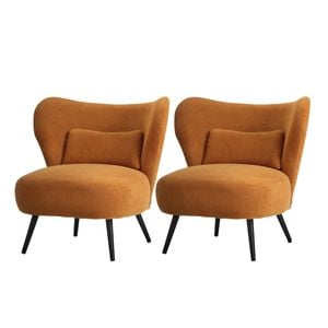 Oikiture 2x Armchair Lounge Chair with Lumbar Pillow Wingback Velvet Orange