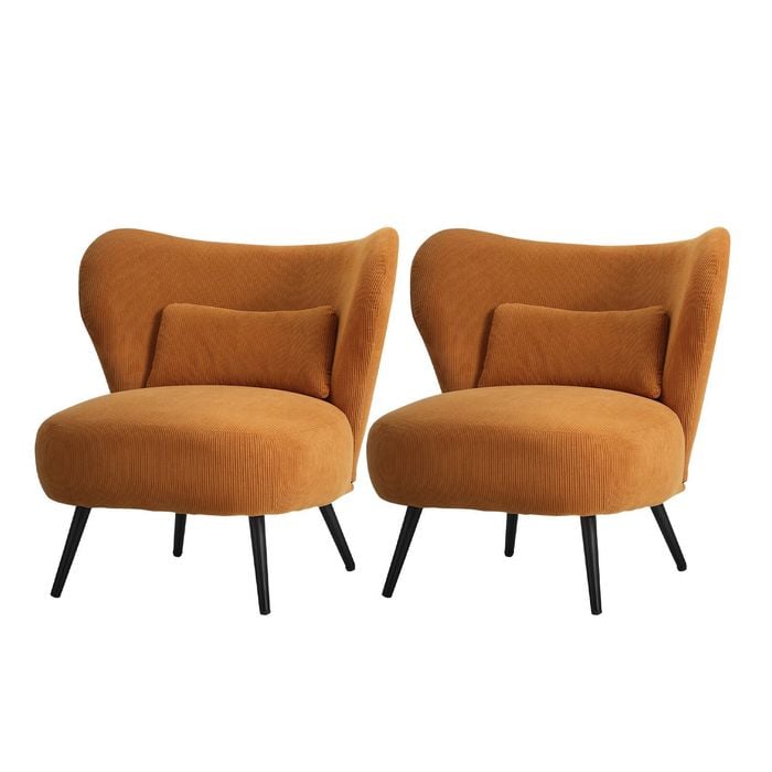 Oikiture 2x Armchair Lounge Chair with Lumbar Pillow Wingback Velvet Orange