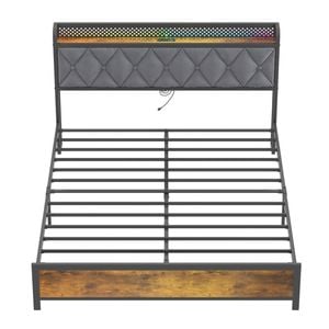 Ufurniture Double Bed Frame Metal Storage Headboard Shelf with Remote RGB LED Lights,Charging Station and USB Ports