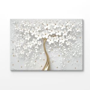 White & Gold 3D Tree, Flower  Print 100% Australian Made 150x100cm (Stretched Canvas)