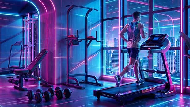A man in athletic gear running on a treadmill in a neon-lit gym.