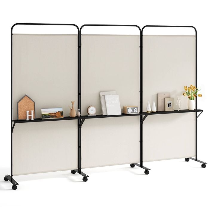 Costway 262x188cm 3-panel Folding Room Divider Rolling Privacy Screen White
