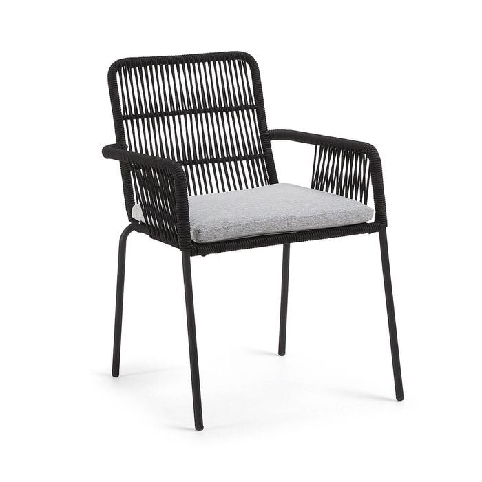 Samanta stackable chair made from black cord and galvanised steel legs