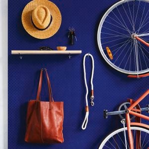 Blue pegboard wall - Hooks - Shelf - Hanging items - Medium