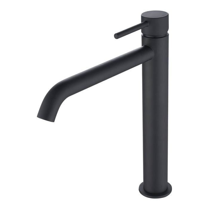 Mondella 25mm Black Matte Resonance Pin Lever Curved Spout Vessel Basin Mixer