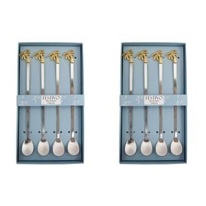 2x 4pc LVD Stainless Steel Long Spoons Set 22.5x12.5cm Gold Palm Trees