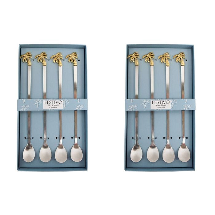 2x 4pc LVD Stainless Steel Long Spoons Set 22.5x12.5cm Gold Palm Trees