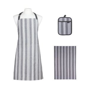 3pc Ladelle Eco Stripe Apron/Potholder/Towel Kitchen Accessory Set Slate Grey