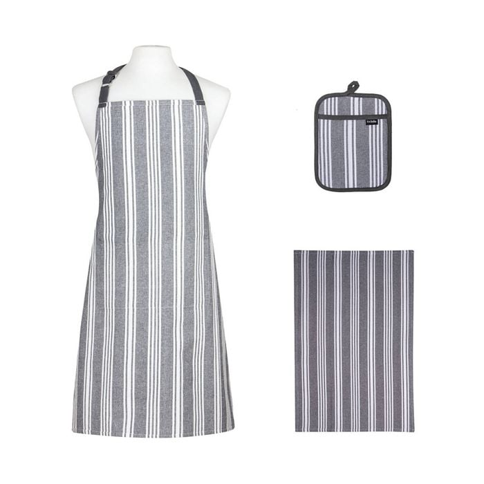 3pc Ladelle Eco Stripe Apron/Potholder/Towel Kitchen Accessory Set Slate Grey