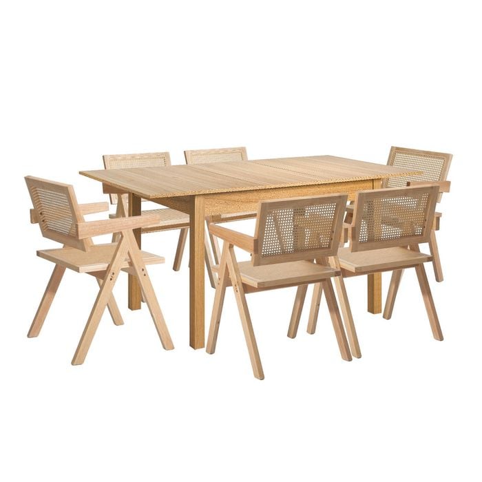 Oikiture 7pc Extenable Dining Table and Chairs Wooden Dining Set Ratten Natural