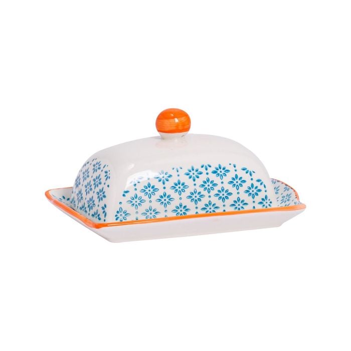 Nicola Spring Hand Printed Butter Dish - Ceramic Porcelain Spread Container Plate with Lid - 18.5cm