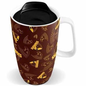 Afl Ceramic Travel Coffee Mug - Hawthorn Hawks - Drink Cup With Lid