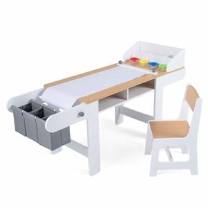 Costway Kid Art Table Chair Set Craft Draw Desk Paper Roll Activity Natural