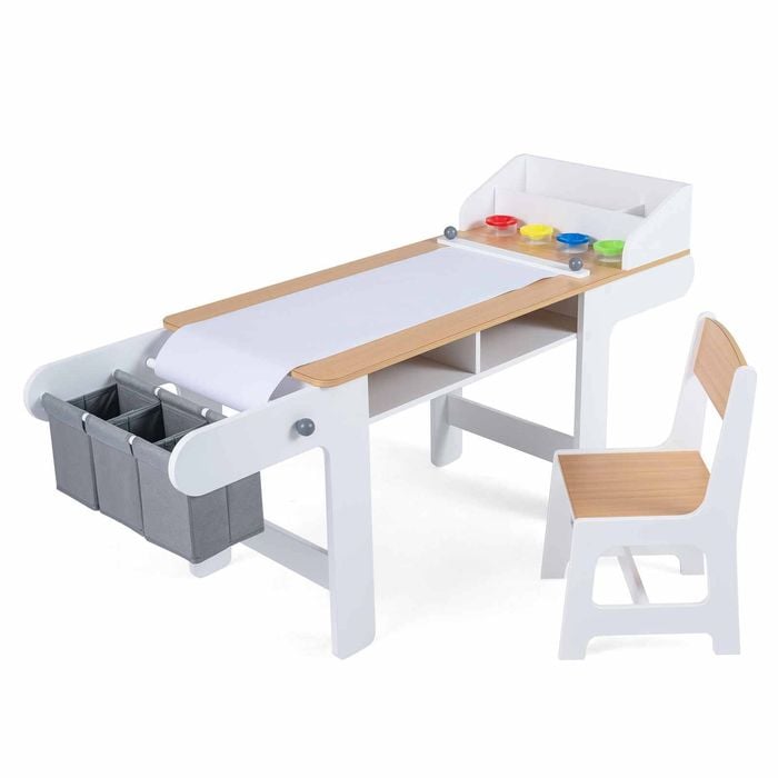 Costway Kid Art Table Chair Set Craft Draw Desk Paper Roll Activity Natural