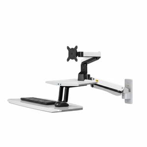 P&P White Sit Stand Desktop Workstation With Monitor Arm Keyboard Tray And Adjustable Height Design