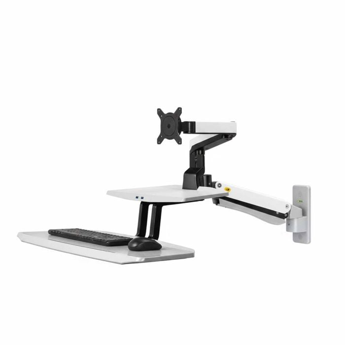 P&P White Sit Stand Desktop Workstation With Monitor Arm Keyboard Tray And Adjustable Height Design